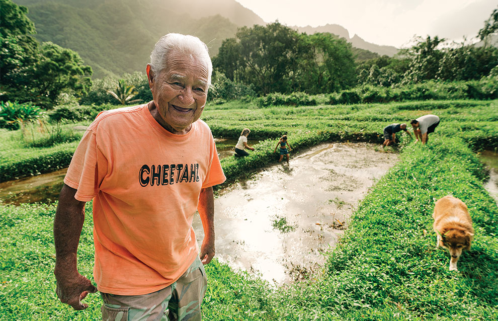 taro farmer smiles as his team harvests the root in patches in the background. 